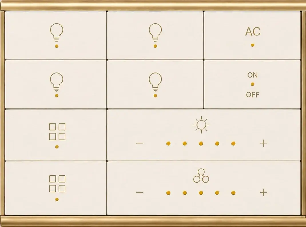 The Lumyn Smart Console — lighting, AC, group and dimmer keys on a cream and brushed-gold wall plate