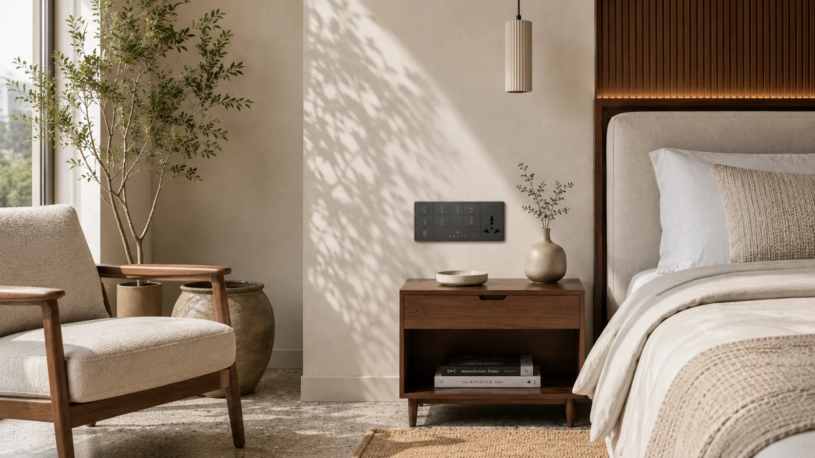 A sunlit bedroom with the Lumyn touch panel mounted beside the nightstand