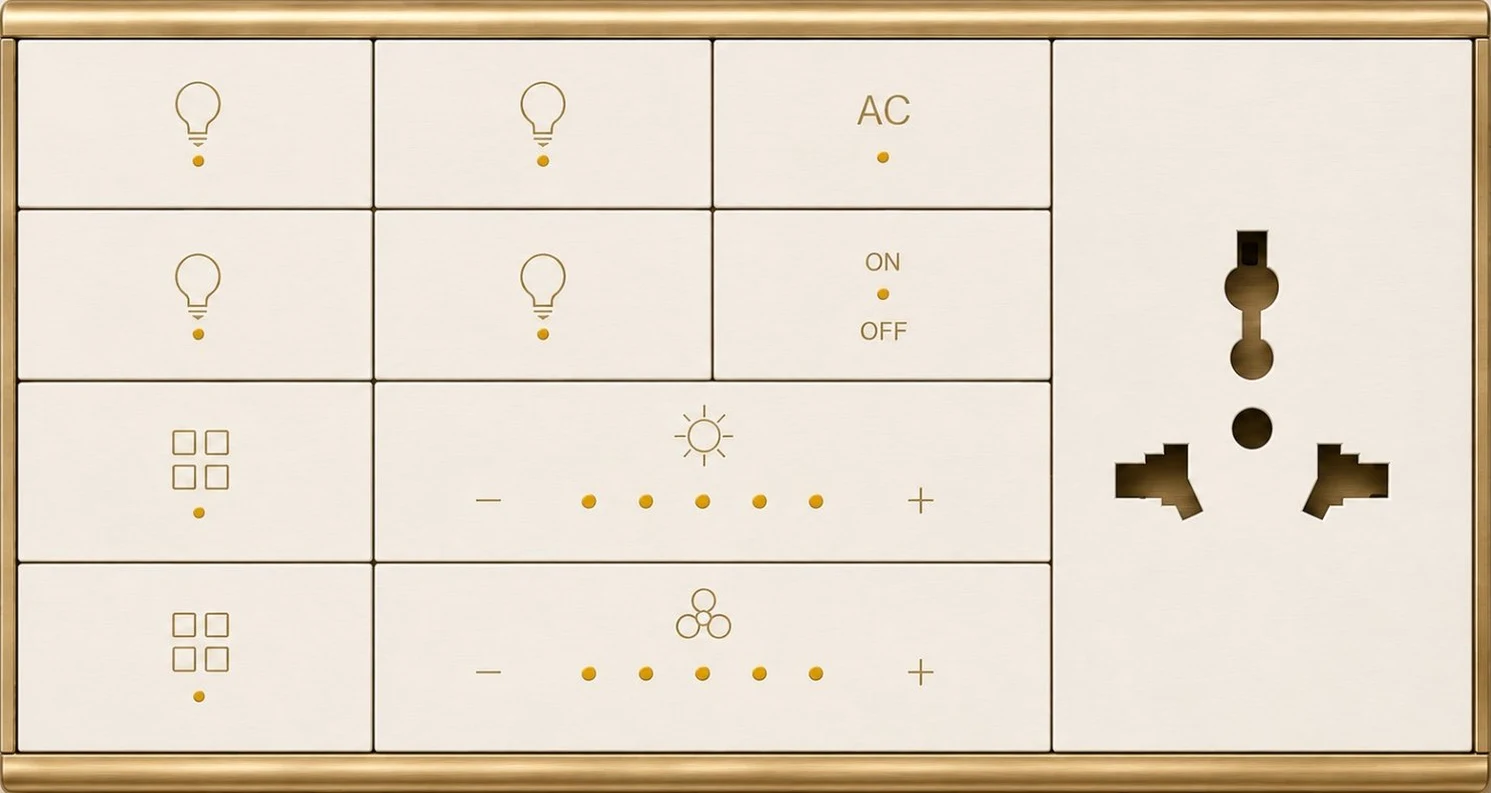 The real Lumyn smart panel — lighting, AC, group and dimmer keys on a cream and brushed-gold wall plate