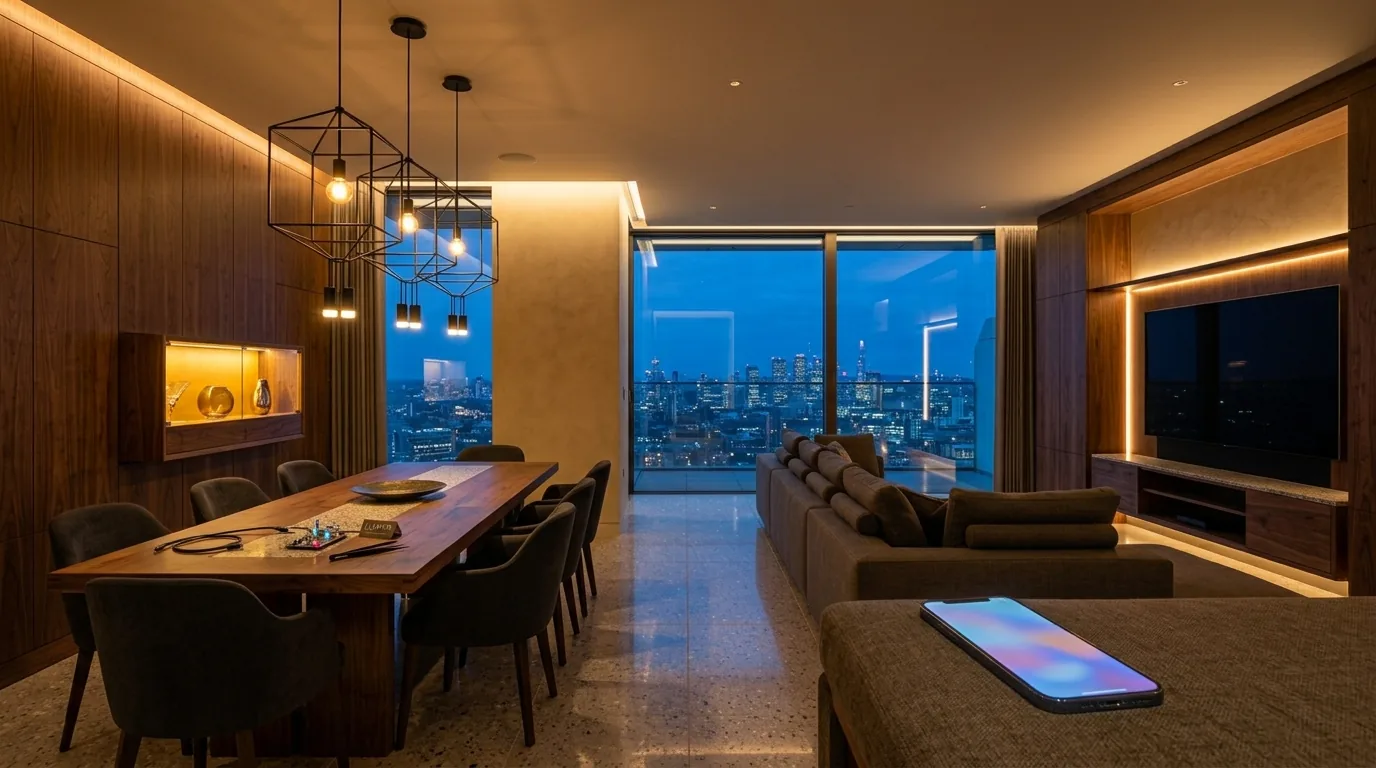 A LUMYN living room easing into a warm evening scene