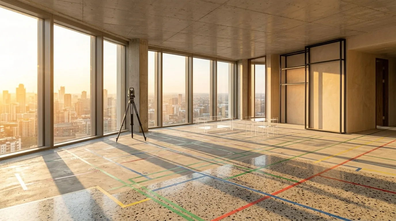 A planned balcony space at dusk