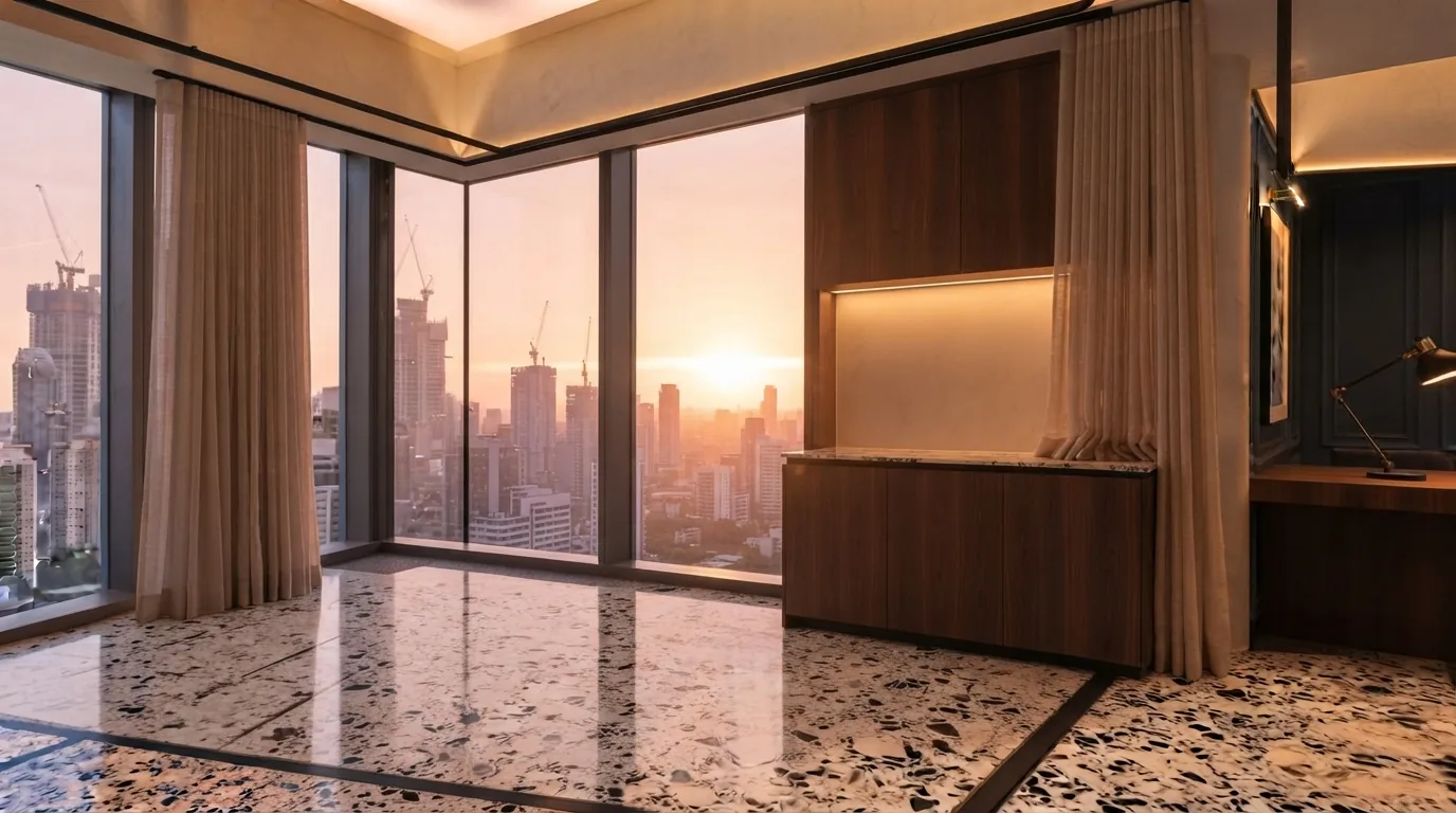 Curtains drawn open on a bright morning scene