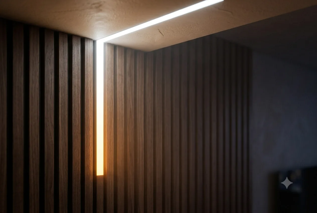 A recessed downlight glowing flush in a ceiling plane
