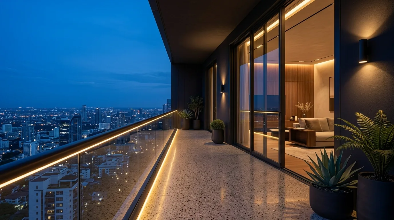 Warm linear light along an outdoor balcony balustrade at dusk