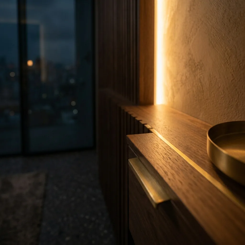 A brushed brass decorative fixture surface in warm light