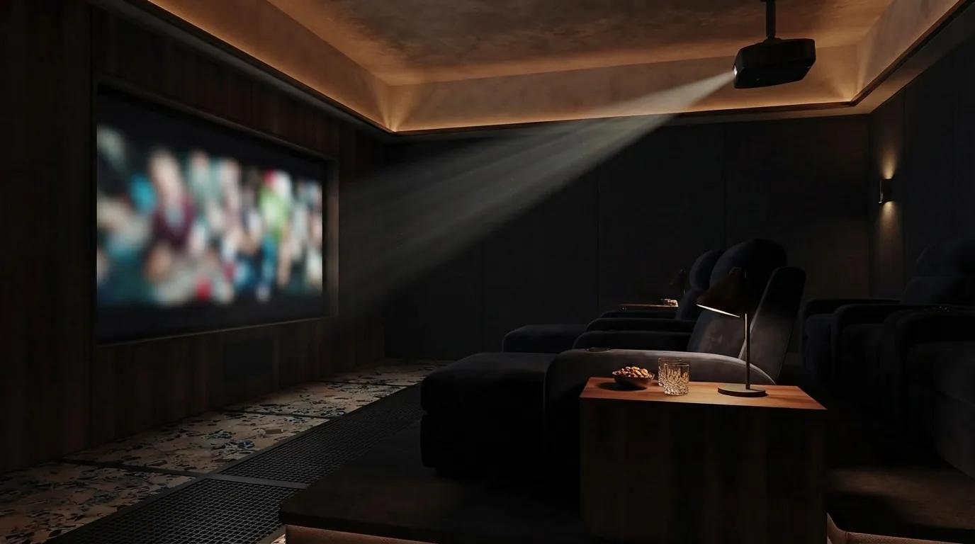 A dedicated home theater, lights fallen, screen aglow
