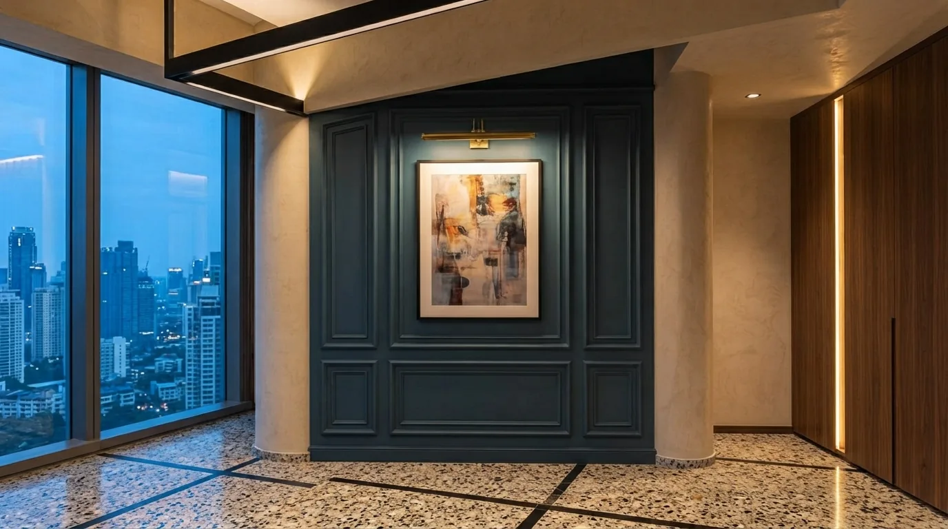 A hand-painted mural washed in accent light