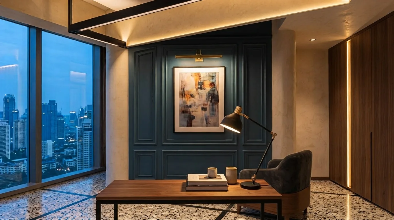 Ambient, task and accent lighting layered at dusk