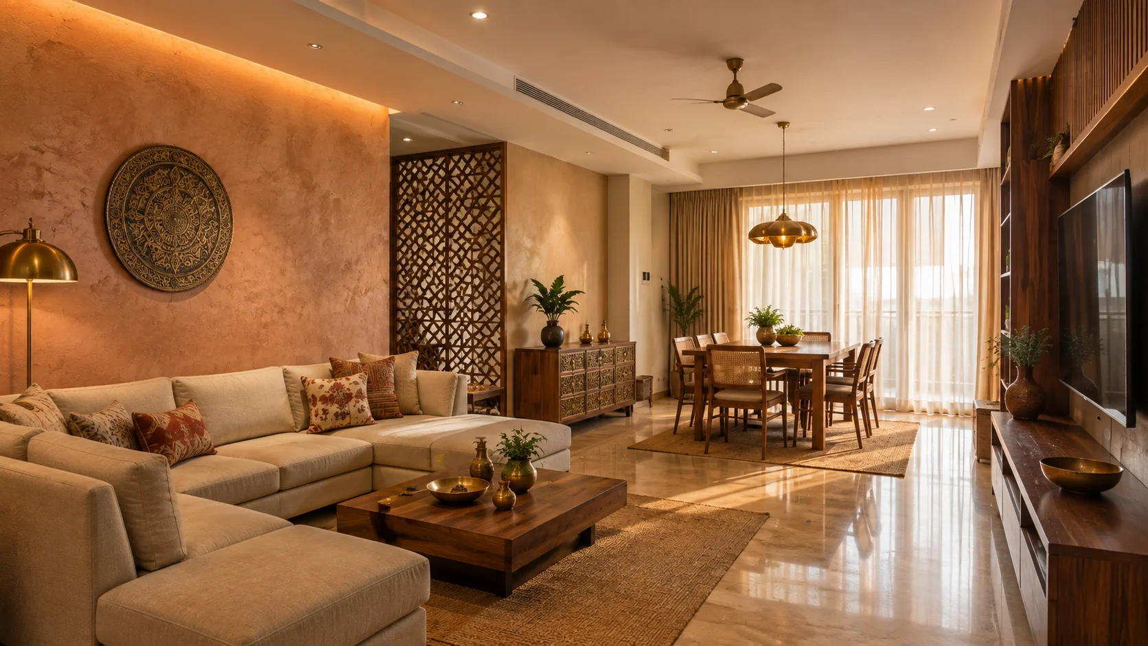 A complete Lumyn Living interior — walnut tones, warm plaster and layered light in a Hyderabad home