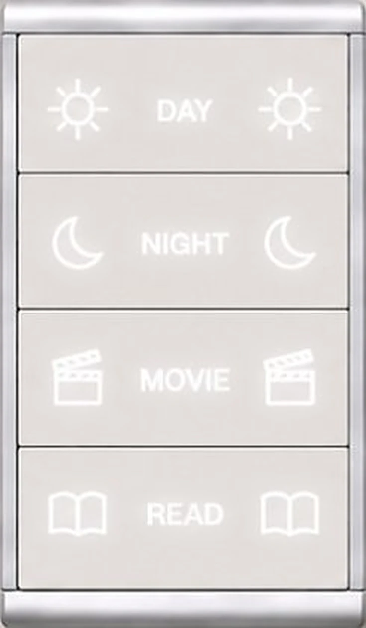 LUMYN Scenario Control switch — Day, Night, Movie and Read scene keys on a brushed wall plate